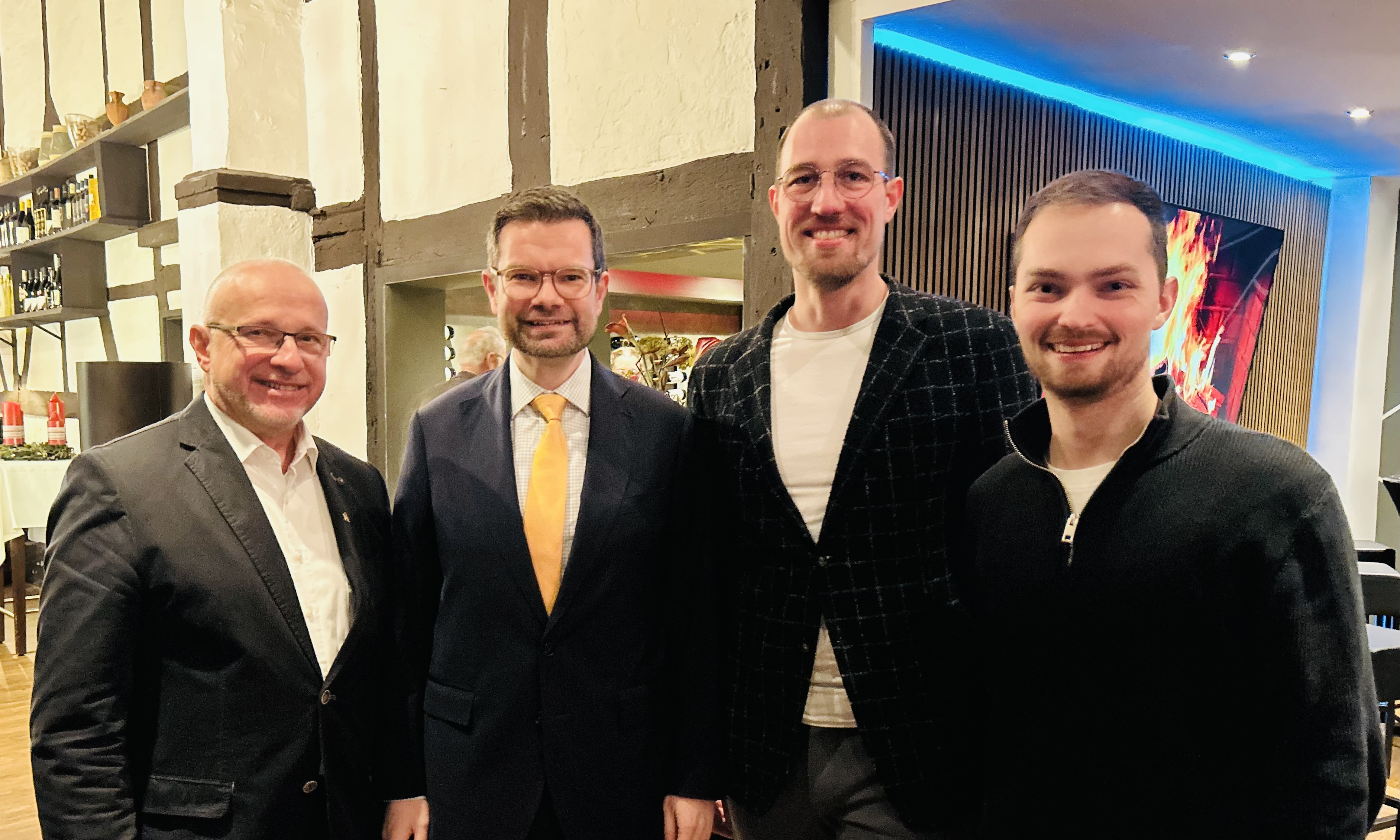 v.l.: Jürg Haseloff (FDP Stadtverbandsvorsitzender LP), Generalsekretär Marco Buschmann, Dr. Torben Terwey (Vorstand LP), Fabian Griewel (MdB)