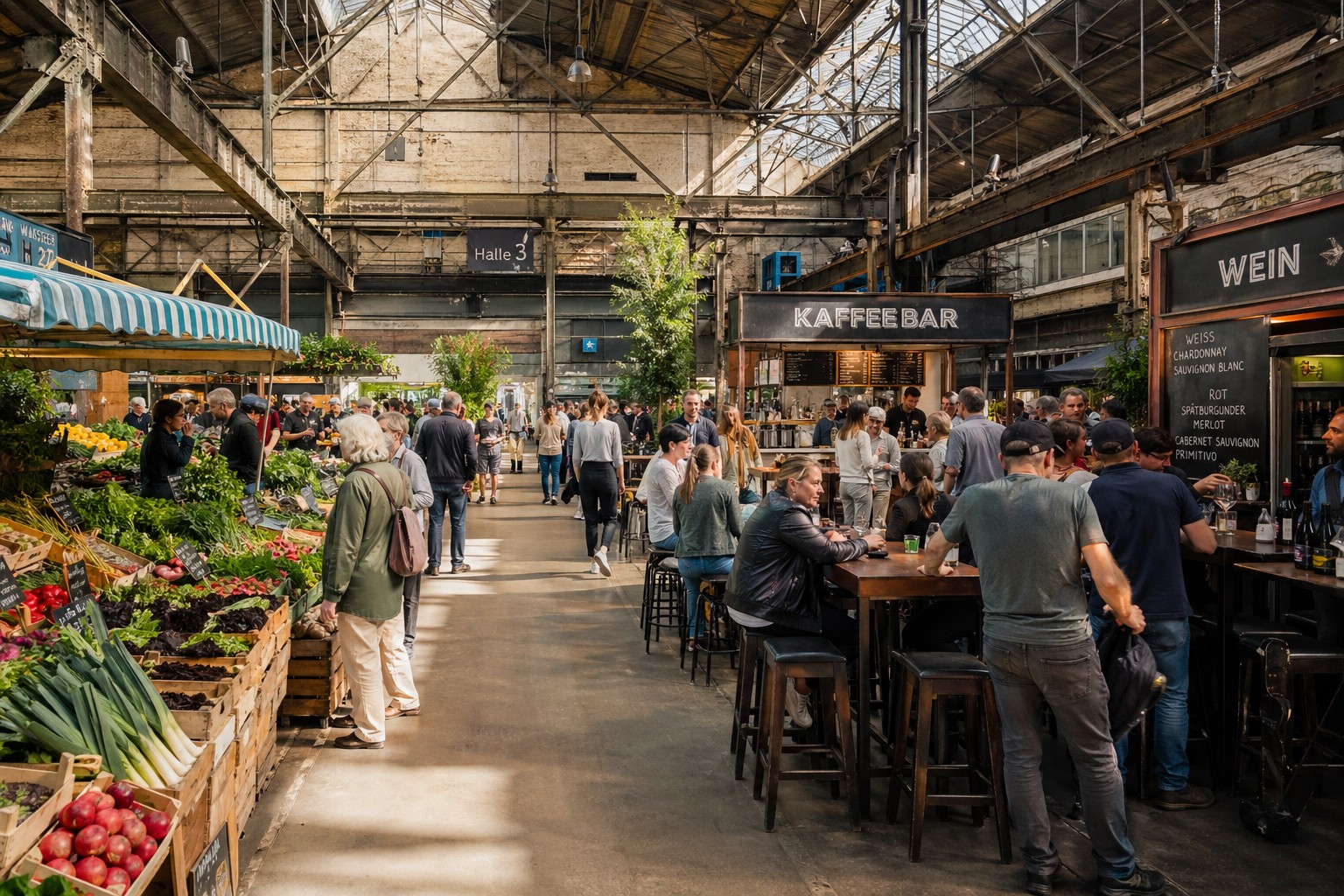 Eine Kaffee- oder Weinbar auf dem überdachten Wochenmarkt? Ja gerne