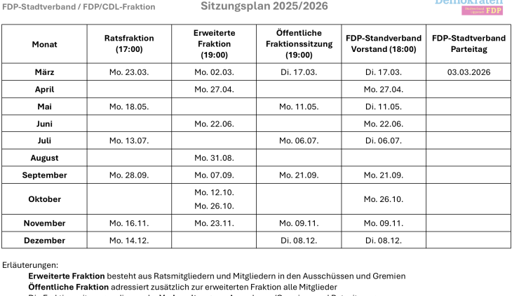 Sitzungskalender FDP 2026