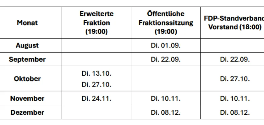 Sitzungskalender FDP 2. HJ 2026