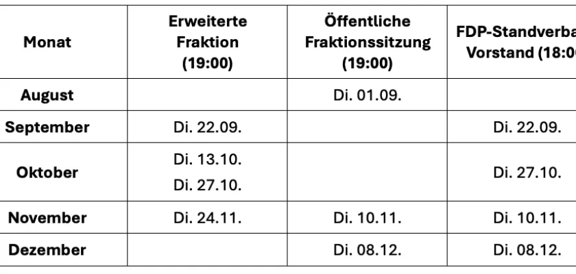 Sitzungskalender FDP 2. HJ 2026